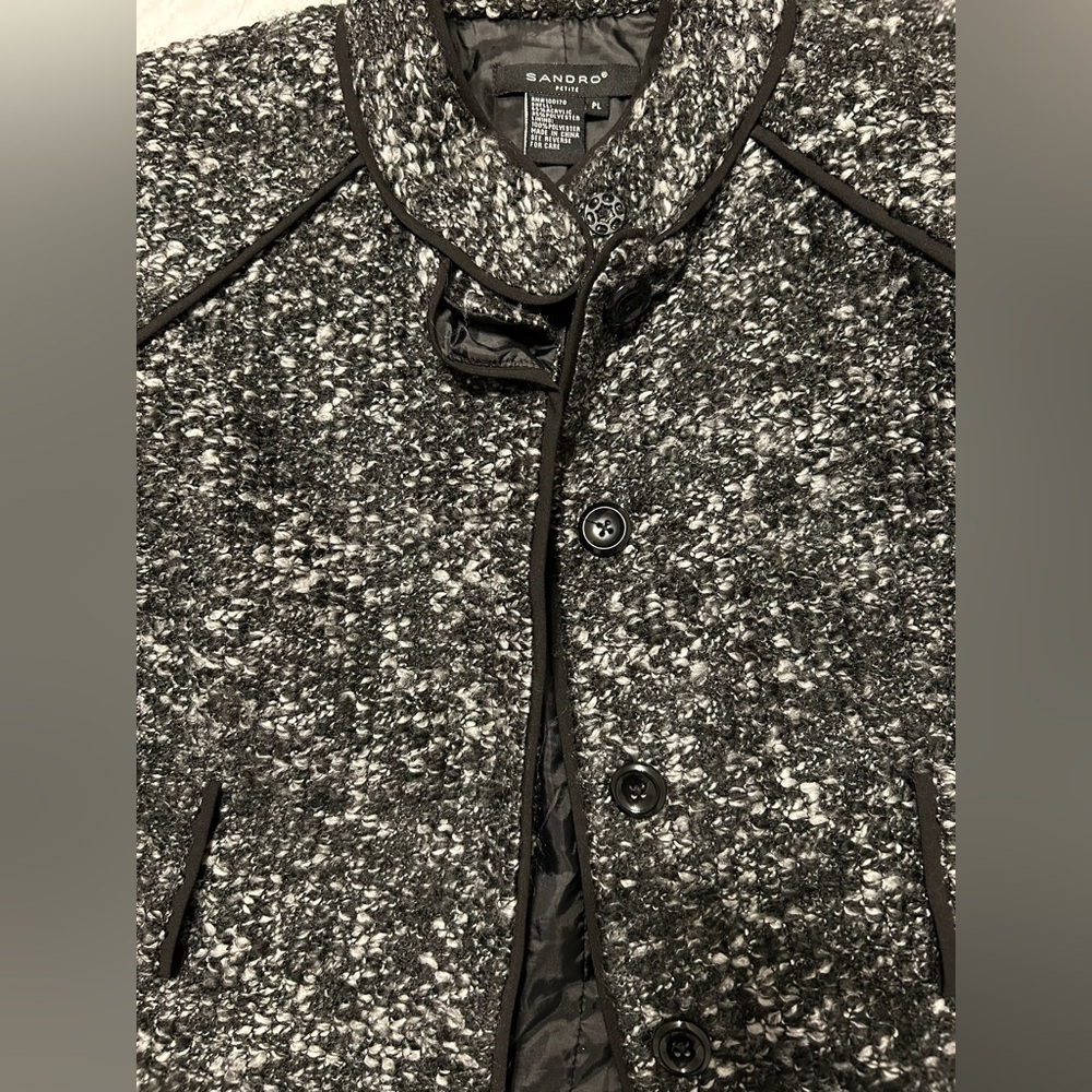 Sandro Paris Petite Bouclé Jacket Black White Trimmed Coat - Picture 6 of 9
